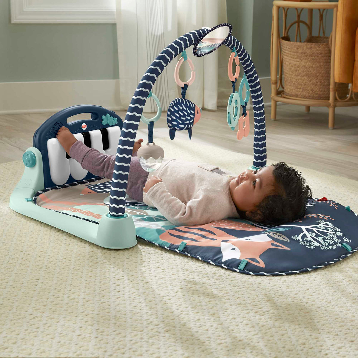 Fisher-Price Baby Playmat Kick & Play Piano Gym with Musical and Sensory Toys for Newborn to Toddler, Navy Fawn
