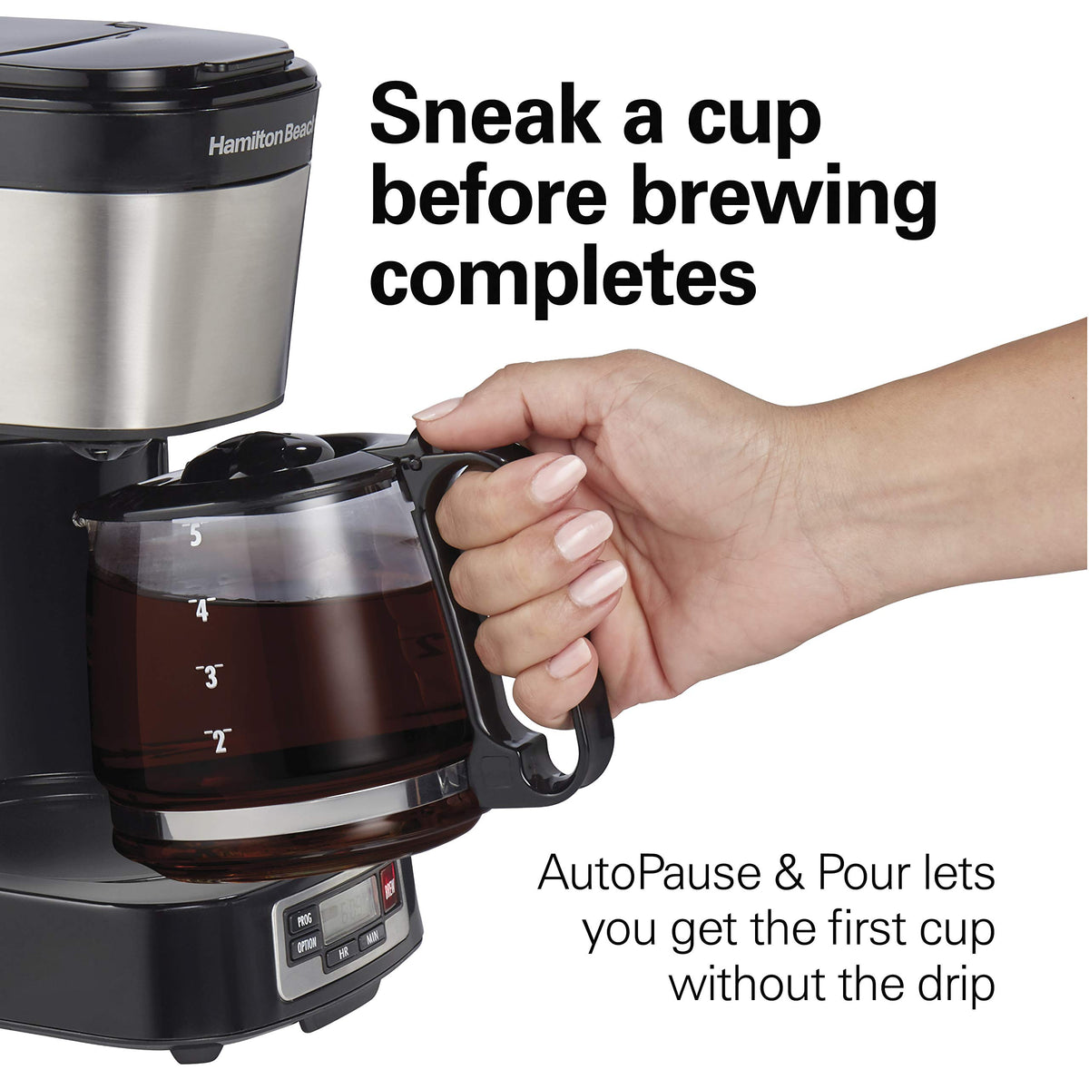 Hamilton Beach 5 Cup Compact Programmable Coffee Maker, FrontFill Water Reservoir, Small Drip Coffee Maker with Glass Carafe, Auto Pause & Pour, Space-Saving Design, Black & Stainless Steel (46111)