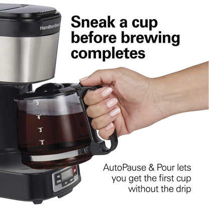 Hamilton Beach 5 Cup Compact Programmable Coffee Maker, FrontFill Water Reservoir, Small Drip Coffee Maker with Glass Carafe, Auto Pause & Pour, Space-Saving Design, Black & Stainless Steel (46111)
