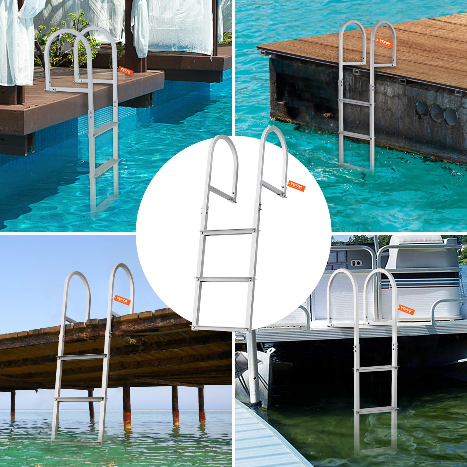 VEVOR Dock Ladder, Removable 3 Steps, 500 lbs Load Capacity, Aluminum Alloy Pontoon Boat Ladder with 3.1'' Wide Step & Nonslip Mat, Easy to Install for Ship/Lake/Pool/Marine Boarding VEVOR