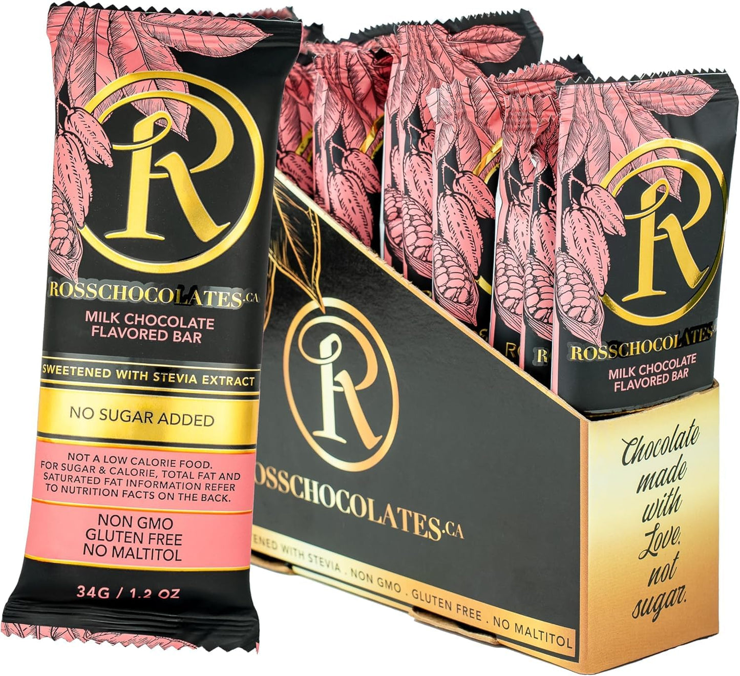 Ross Chocolates Milk Chocolate Bars – Stevia Sweetened, Sugar-Free, Keto & Diabetic Friendly – 12 Pack