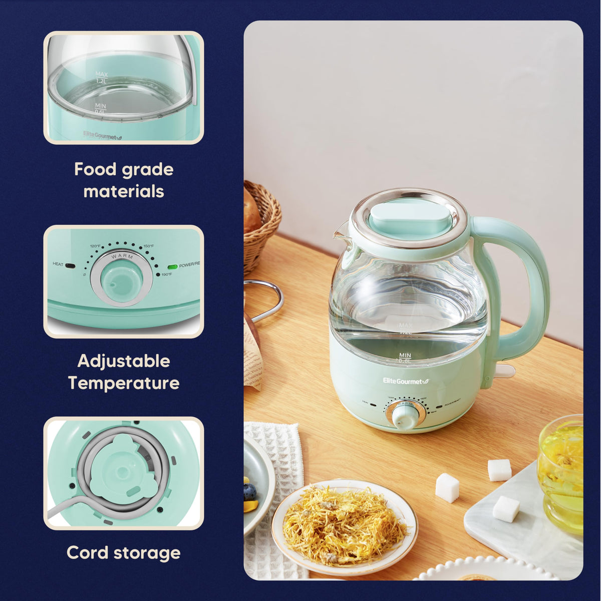 Elite Gourmet 1.2L Electric Glass Kettle, 1200W Fast Boil, Adjustable Temperature Control & Keep Warm, BPA-Free Borosilicate Glass, Auto Shut-Off & Boil-Dry Protection, 360° Cordless Base, Mint
