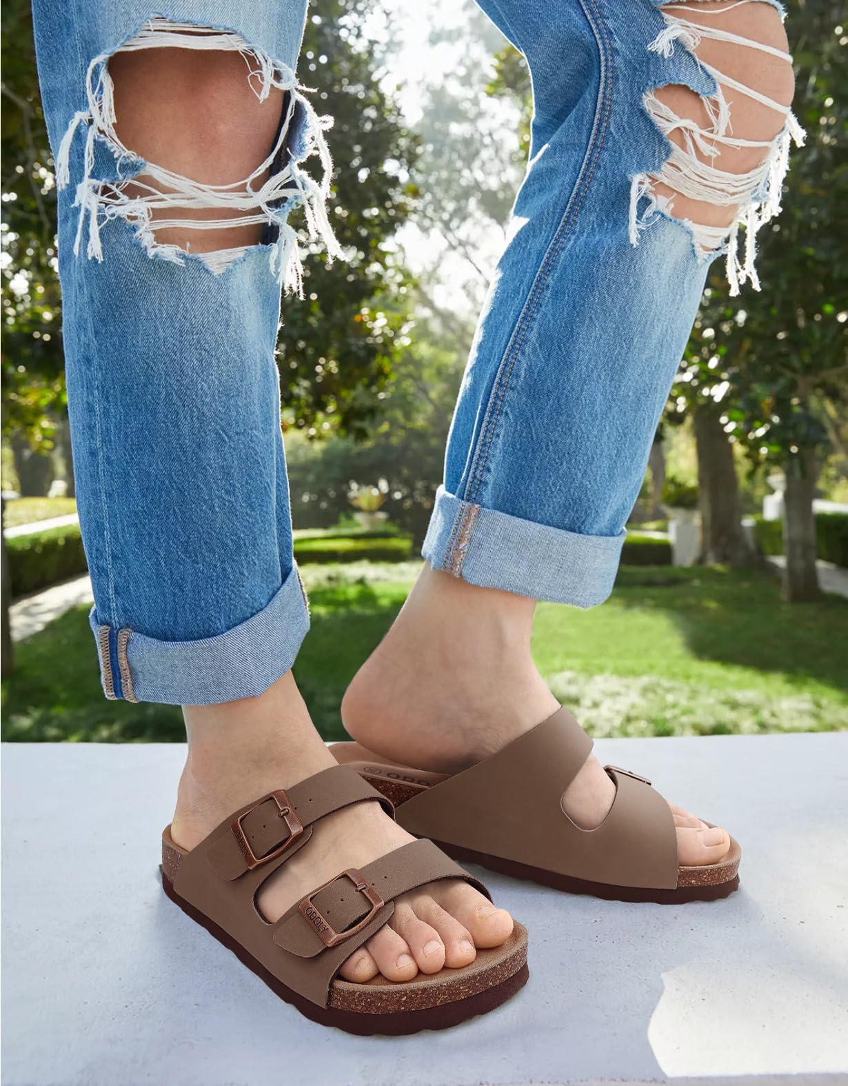 ODOLY Women Cork Footbed Slide Sandal, Arch Support Summer Outdoor Sandals with Adjustable Buckle for Women and Men, Brown 39 (8-8.5 Women/6.5-7 Men)