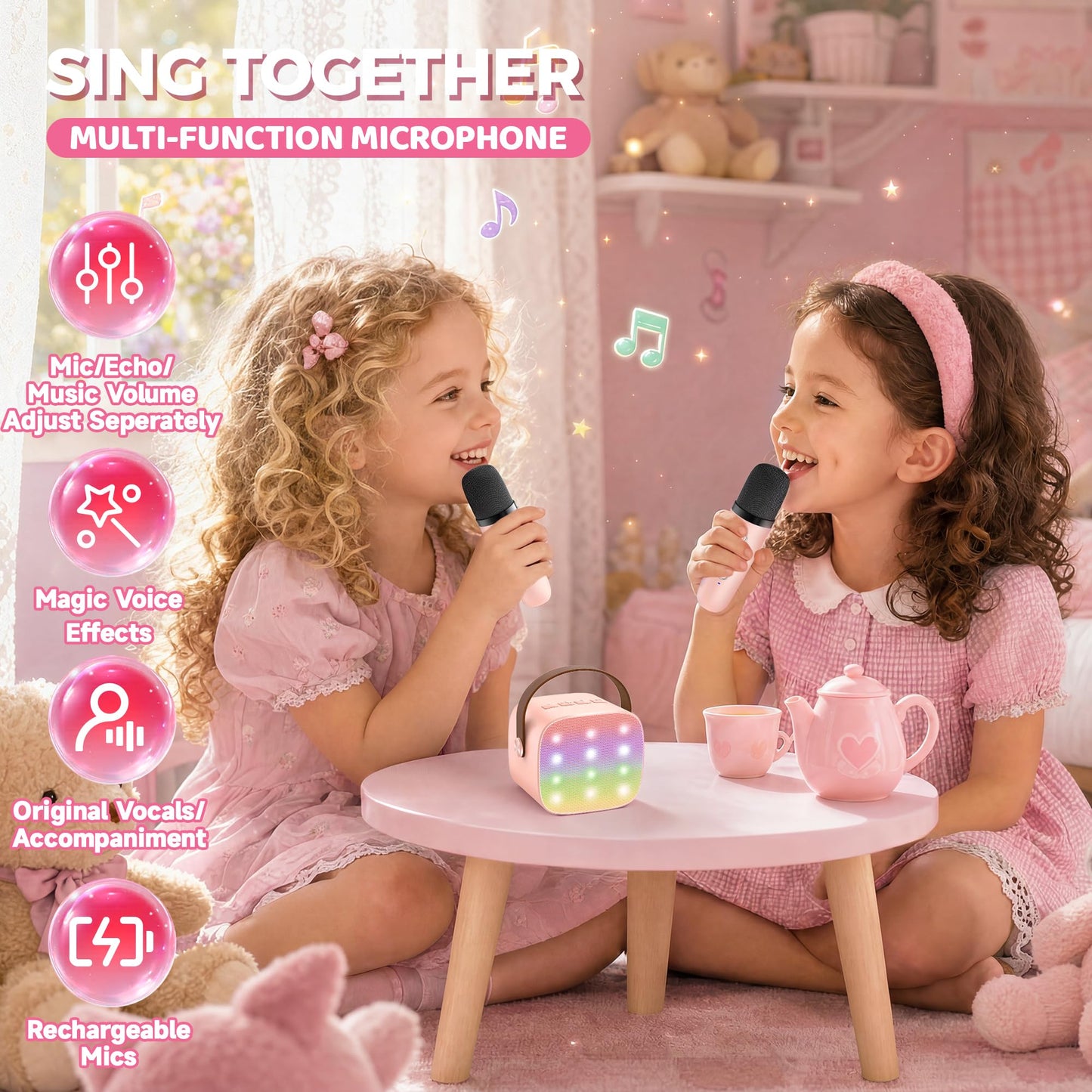 YLL Mini Karaoke Machine for Kids Adults, Bluetooth Speaker with 2 Wireless Microphones, TOP Christmas Birthday Gifts Toys for Girls Ages 3, 4, 5, 6, 7, 8, 9,10,11,12+ Years Old Toddler(Pinkcolor)