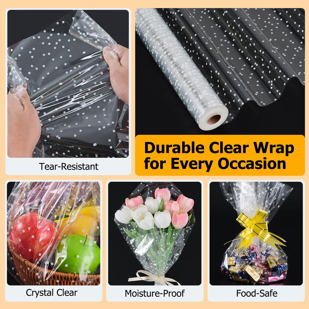 TIMEUPRISE 120 ft Clear Cellophane Wrap Roll (120 Ft x 34 in), 3 Mil Thicken Irregular White Dot Cellophane Gift Wrapping Paper Roll for Flower Bouquet Christmas Gift Baskets Wrap Extra Wide 🍁 All In One Marketplace Canada