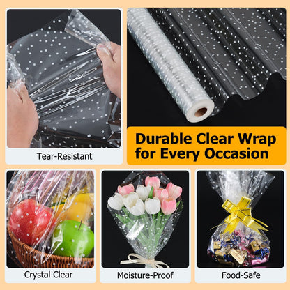 TIMEUPRISE 120 ft Clear Cellophane Wrap Roll (120 Ft x 34 in), 3 Mil Thicken Irregular White Dot Cellophane Gift Wrapping Paper Roll for Flower Bouquet Christmas Gift Baskets Wrap Extra Wide 🍁 All In One Marketplace Canada