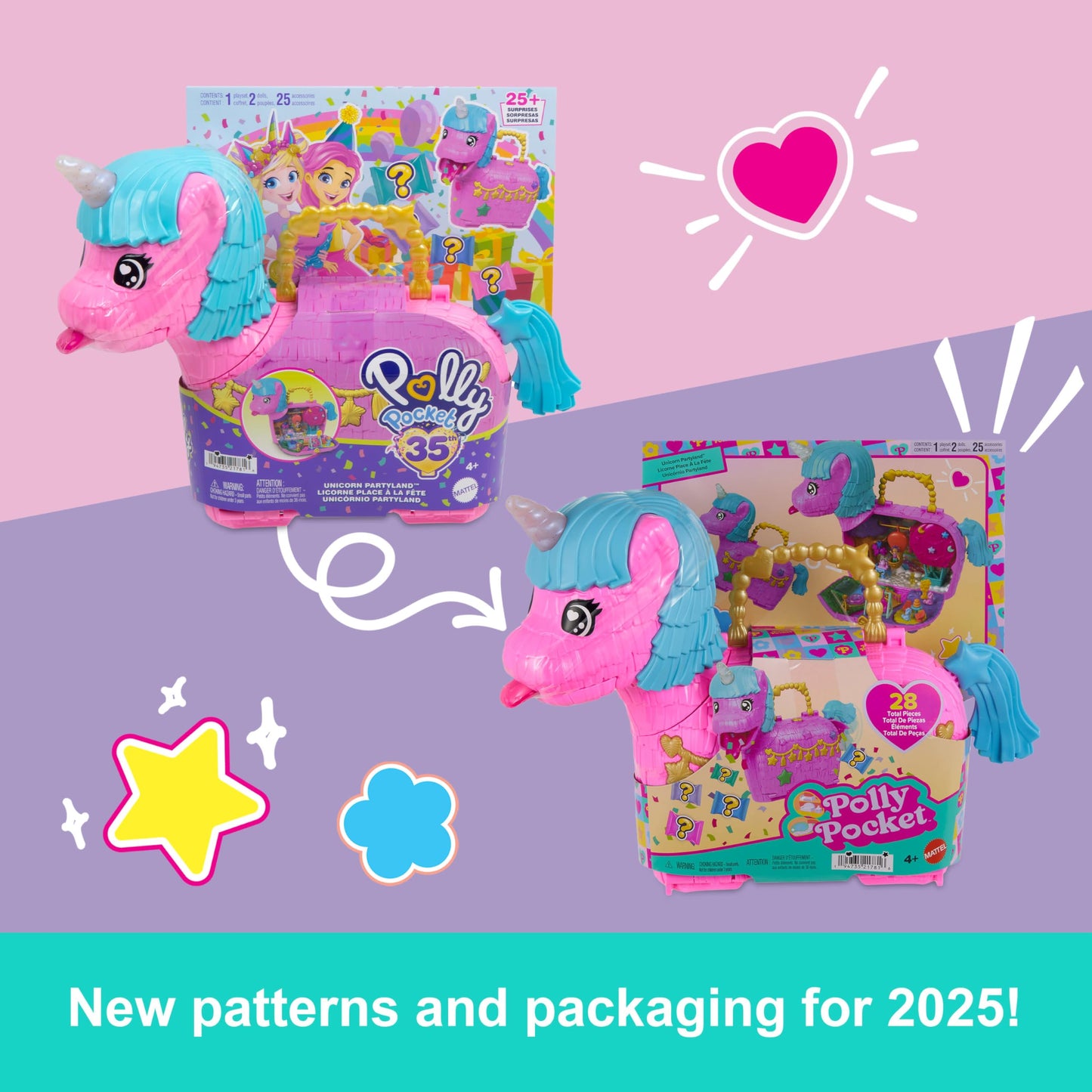Polly Pocket Dolls & Playset with Pets & 25+ Surprise Accessories, Birthday Celebration Unicorn Partyland Playset, Hot Air Balloon Ride Mattel