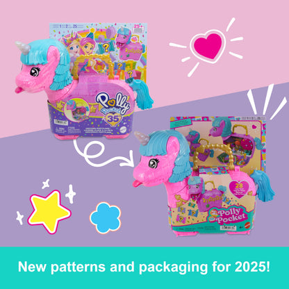 Polly Pocket Dolls & Playset with Pets & 25+ Surprise Accessories, Birthday Celebration Unicorn Partyland Playset, Hot Air Balloon Ride Mattel