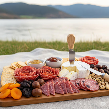 Deluxe Charcuterie & Cheese Gift Basket. Inside this beautiful box you will find: European Inspired Artisanal Salami and Merlot Salami, Creamy Danish Brie, Black Olive Pate, Wine Infused Jam, Mixed Nuts, Almonds, Figs, Apricots, Cheese Biscuits and Water