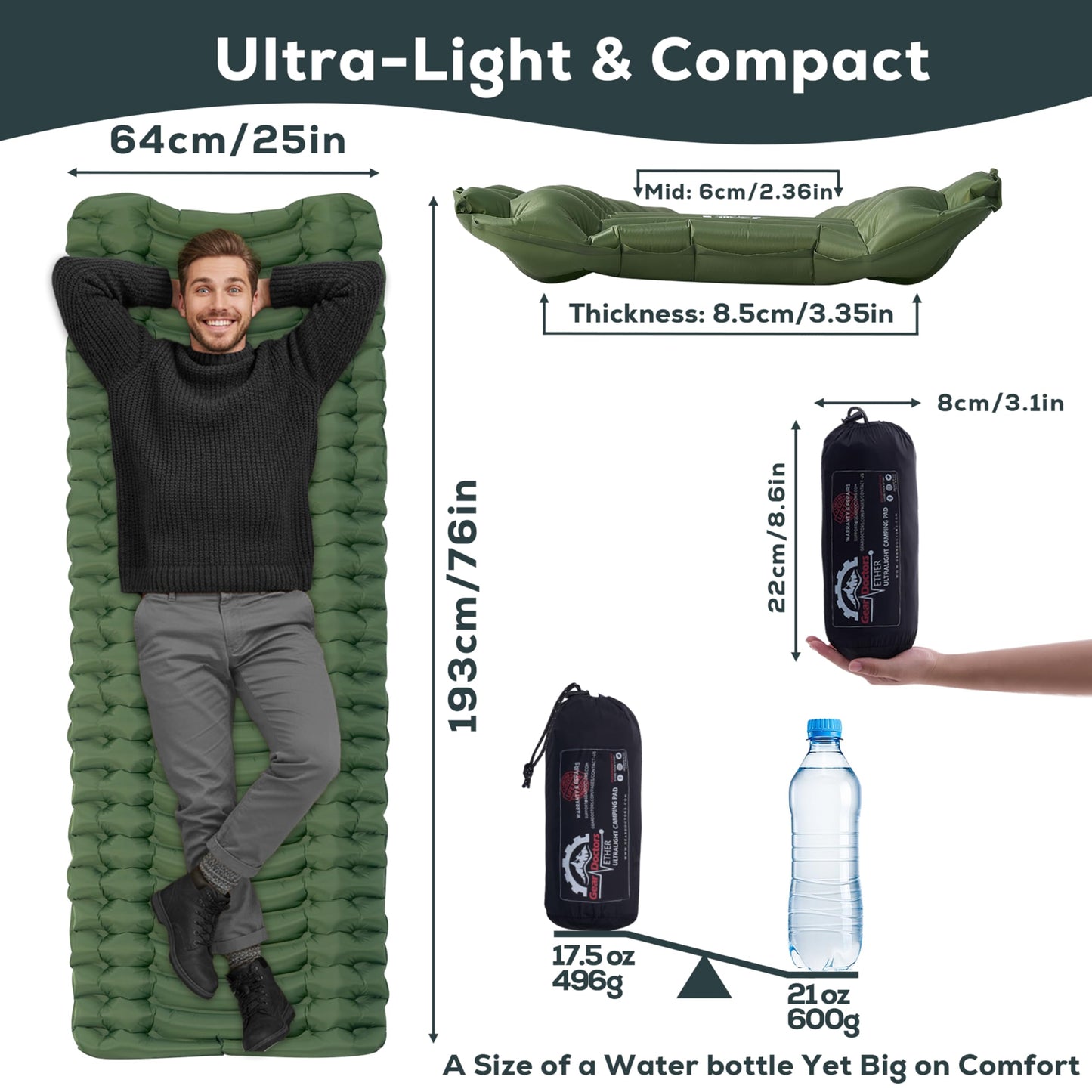 GEAR DOCTORS ® [500g] Ultralight Ether Camping Mattress Sleeping pad air Mattress Camping Sleeping pad Camp mat, matelas gonflable, Portable