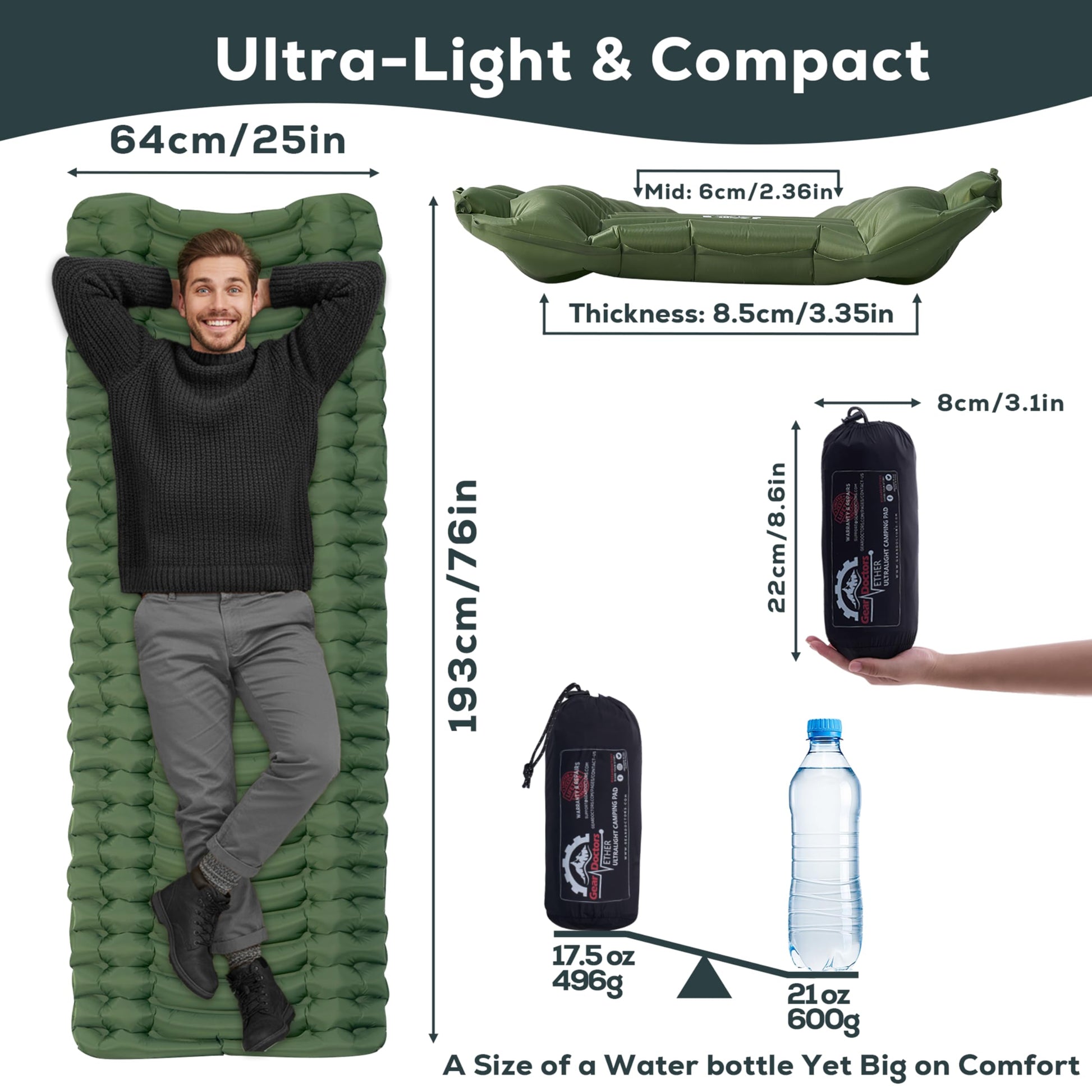 GEAR DOCTORS ® [500g] Ultralight Ether Camping Mattress Sleeping pad air Mattress Camping Sleeping pad Camp mat, matelas gonflable, Portable