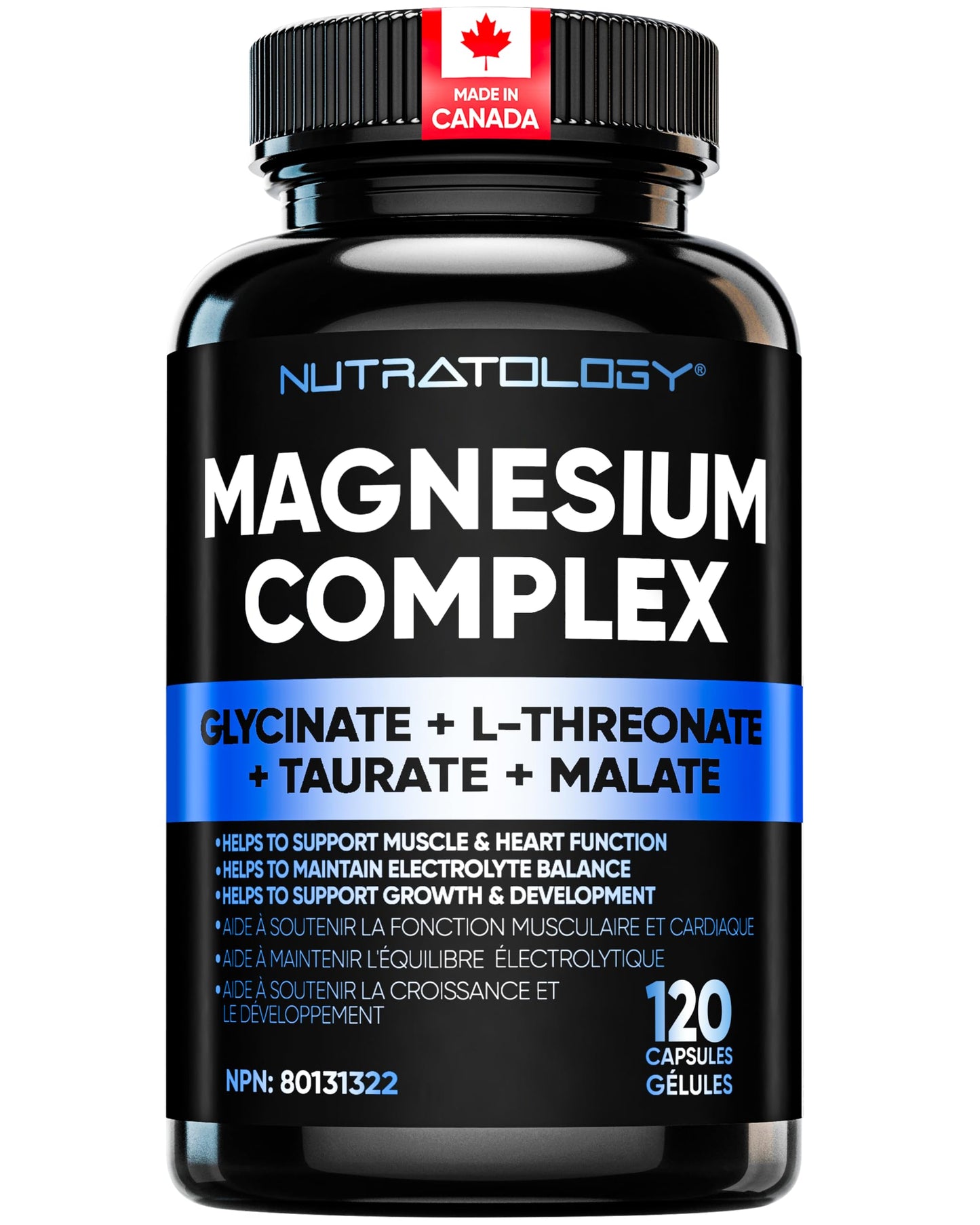 Nutratology Magnesium Complex - Glycinate, Malate, L-Threonate & Taurate With Vitamin B6 + Bioperine For Enhanced Absorption - Helps Support Healthy Bones, Muscles, Teeth & Heart - 100MG Elemental Magnesium Per Capsule - 120 Count - Available at All In One Marketplace Canada