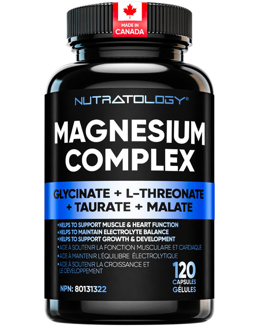 Nutratology Magnesium Complex - Glycinate, Malate, L-Threonate & Taurate With Vitamin B6 + Bioperine For Enhanced Absorption - Helps Support Healthy Bones, Muscles, Teeth & Heart - 100MG Elemental Magnesium Per Capsule - 120 Count - Available at All In One Marketplace Canada