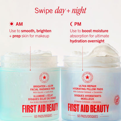 First Aid Beauty - Facial Radiance Pads with Glycolic & Lactic Acids, Daily Exfoliating Pads with AHA, Visibly Smaller Pores, Help Tone & Brighten Skin, One-Step Makeup Prep, Compostable, 28 First Aid Beauty