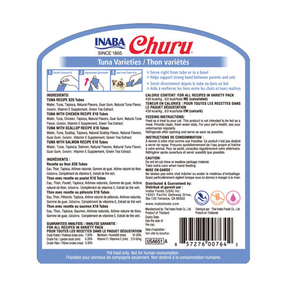 INABA Churu Cat Treats, Grain-Free, Lickable, Squeezable Creamy Purée Cat Treat/Topper with Vitamin E & Taurine, 0.5 Ounces Each Tube - 50 Tubes (Pack of 1) Tuna Variety