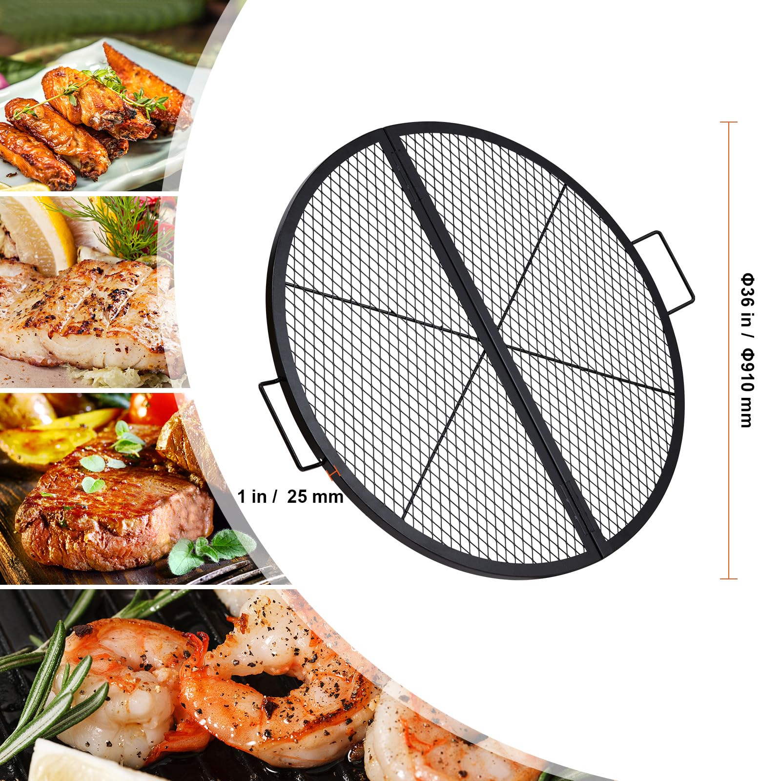 VEVOR X-Marks Fire Pit Grill Grate, Foldable Round Cooking Grate, Heavy Duty Steel Campfire BBQ Grill Grid with Handle and Support X Wire, Portable Camping Cookware for Outside Party, 36 Inch Black VEVOR