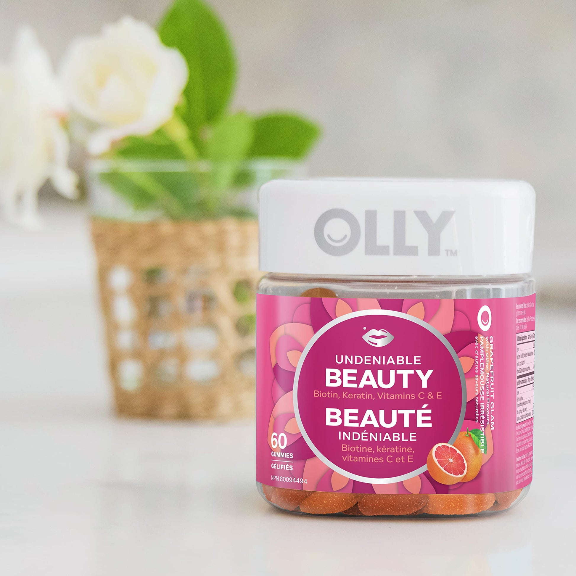 OLLY Undeniable Beauty Gummy Supplement for women Grapefruit Glam with biotin, keratin and vitamins C & E 30 day Supply, 60 gummies - Available at All In One Marketplace Canada