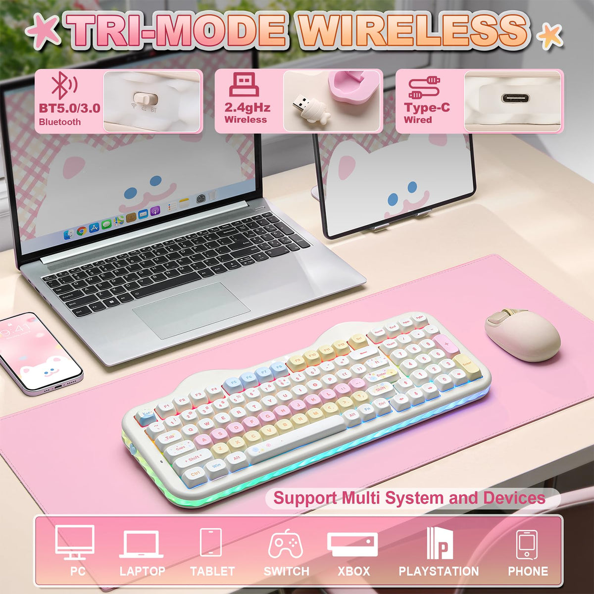 YUNZII C98 Cute Cake Wireless Mechanical Keyboard (Beige, Candy Switch) 🍁 All In One Marketplace Canada