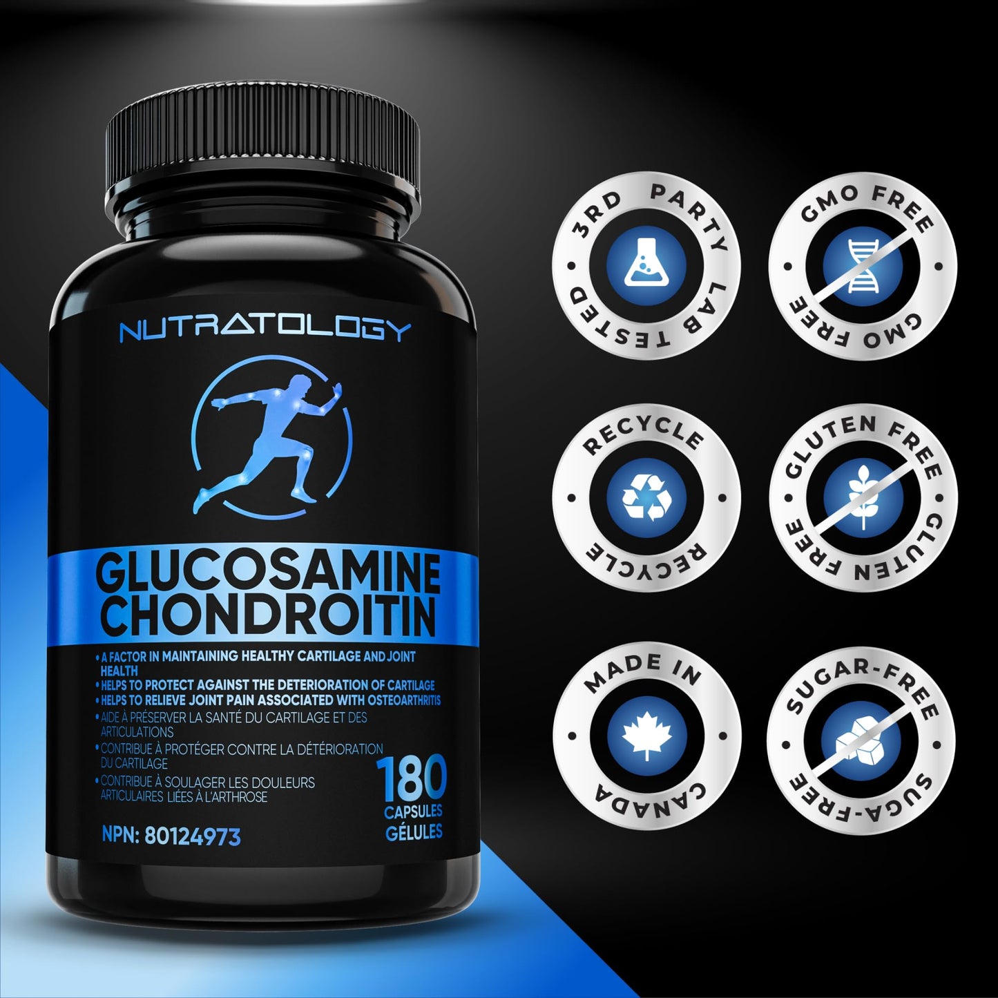 Nutratology® Glucosamine Joint Supplement with Chondroitin, MSM & Turmeric | Canadian-Made | Joint Pain Relief Supplements - 1500MG Glucosamine - Supports Healthy Joints & Cartilage - 180 Capsules - Available at All In One Marketplace Canada