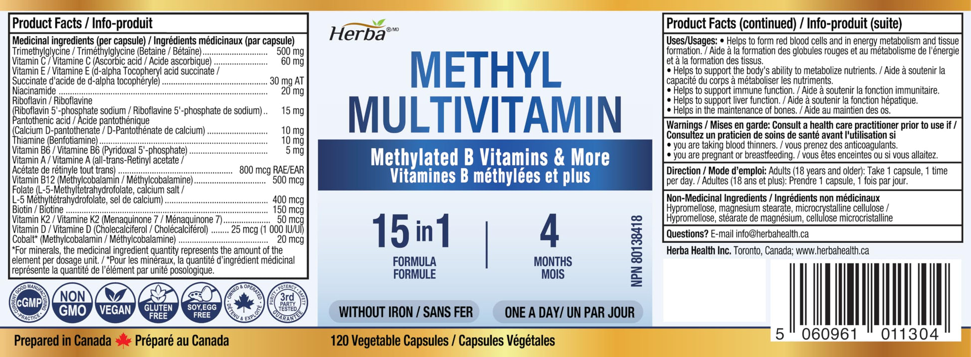 Herba Methylated Multivitamin with 500mg TMG & Methylated B Complex - 120 Capsules | 15 in 1 Formula | B Complex Vitamins for Women & Men including Methyl Folate Supplement | Vegan | Made in Canada - Available at All In One Marketplace Canada