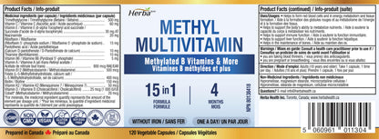 Herba Methylated Multivitamin with 500mg TMG & Methylated B Complex - 120 Capsules | 15 in 1 Formula | B Complex Vitamins for Women & Men including Methyl Folate Supplement | Vegan | Made in Canada - Available at All In One Marketplace Canada