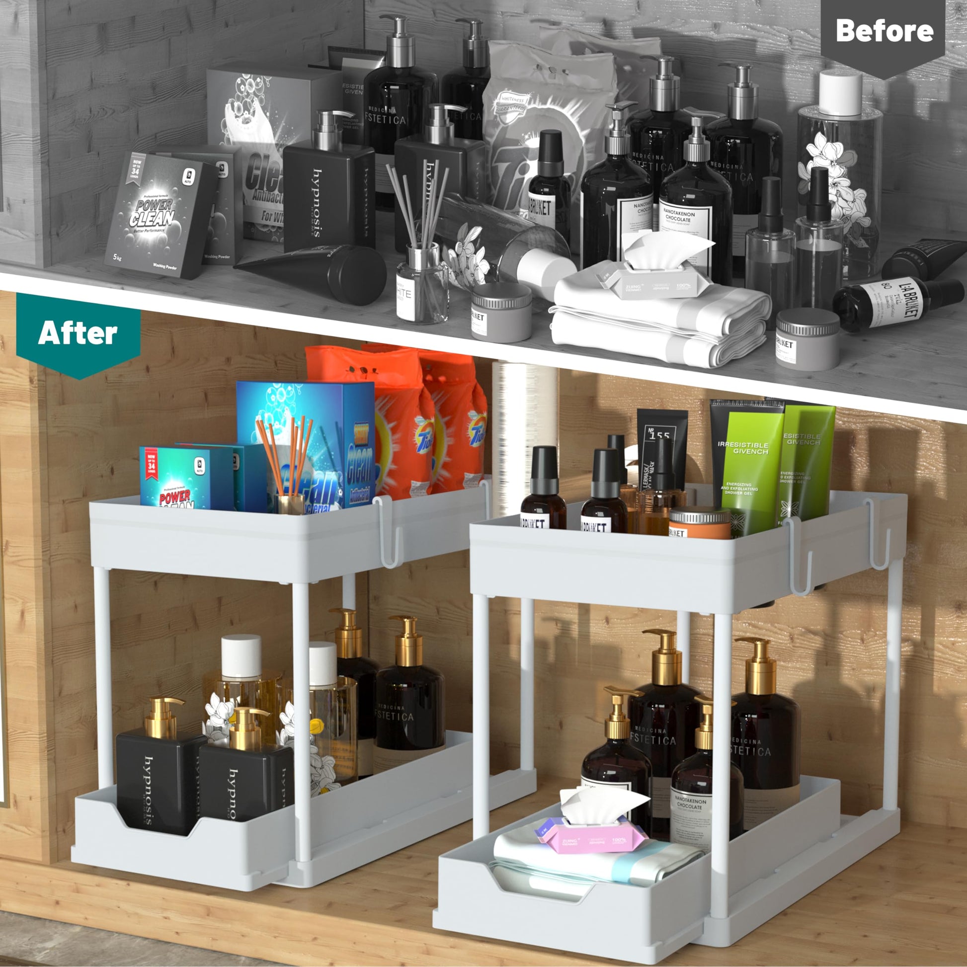DEKAVA Under Sink Organizer 2 Pack, Bathroom Organizes, 2 Tier Sliding Cabinet Basket Organizer Drawer, Multi-Purpose Bath Collection Baskets for Bathroom (White)