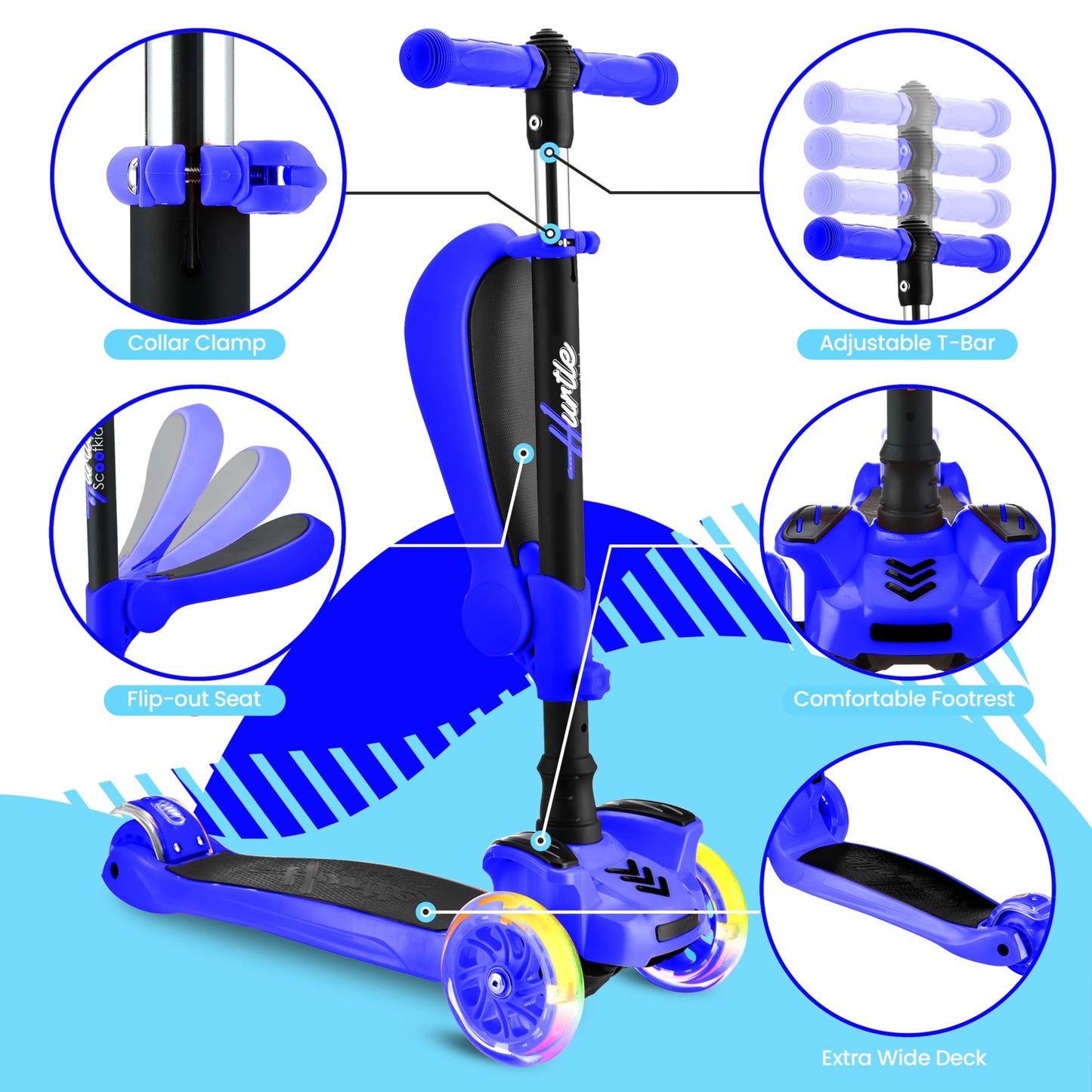 Hurtle - 3 Wheel Foldable Kick Scooter for Kids & Toddlers (Blue CA) Hurtle