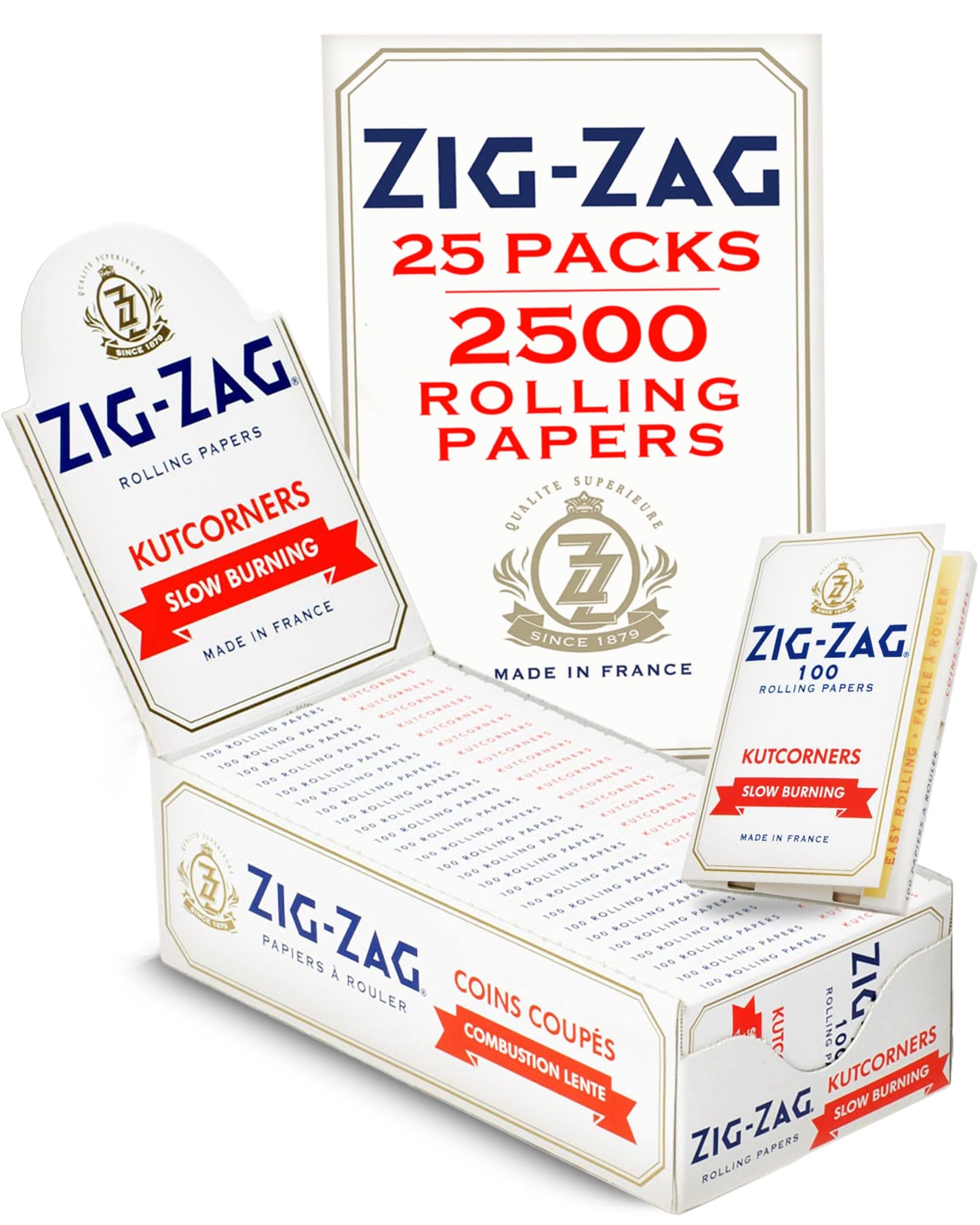Zig-Zag Slow Burning Rolling Papers, Carton of 25 Packs, 100 Leafs per Pack, Size Single Wide (Regular), Kut Corners Easy Rolling 100% Natural Gum Arabic, No Bleach, Authentic White Paper 2500 Sheets