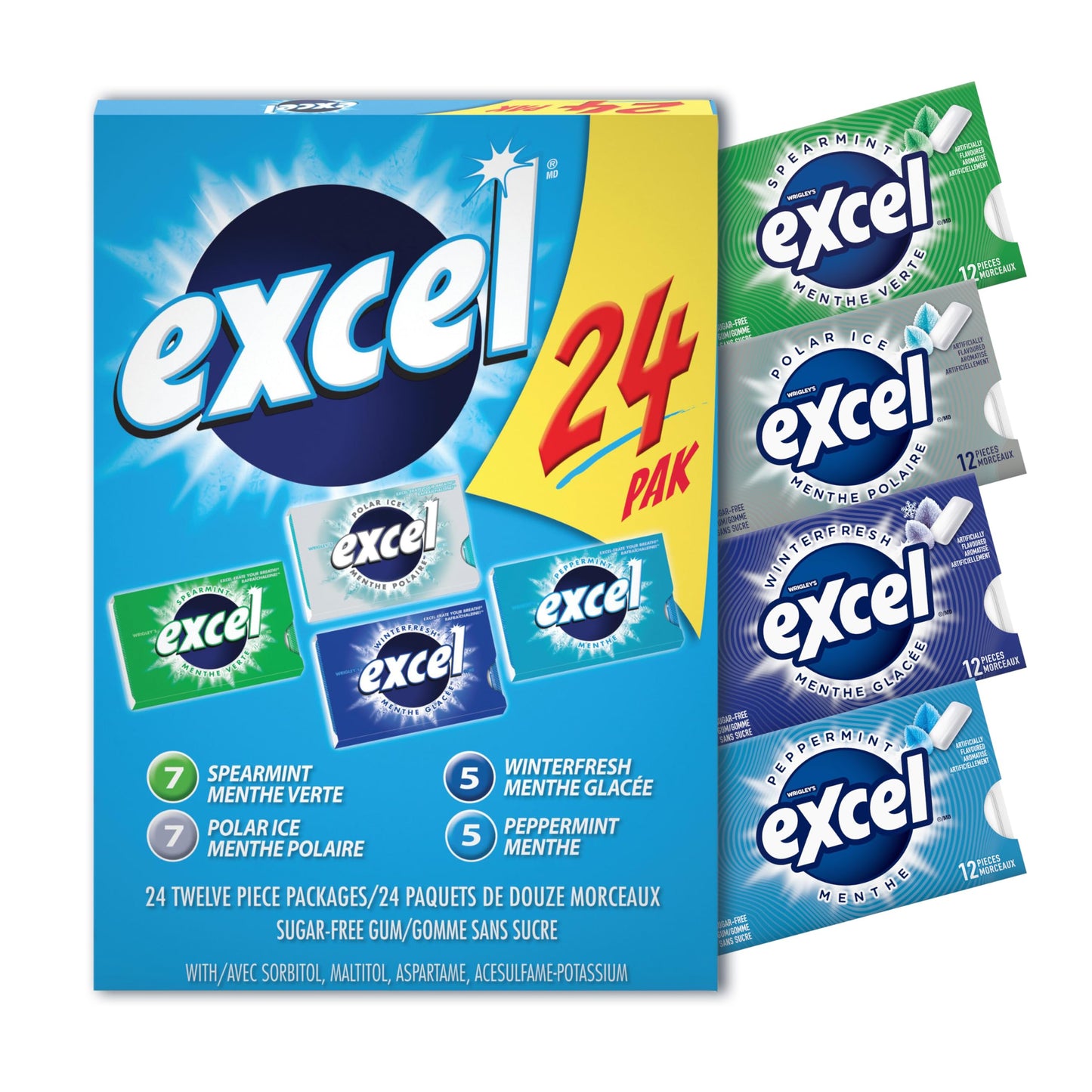 EXCEL Sugar-Free Chewing Gum Variety Pack - 24 Packs (12 Pieces Each)