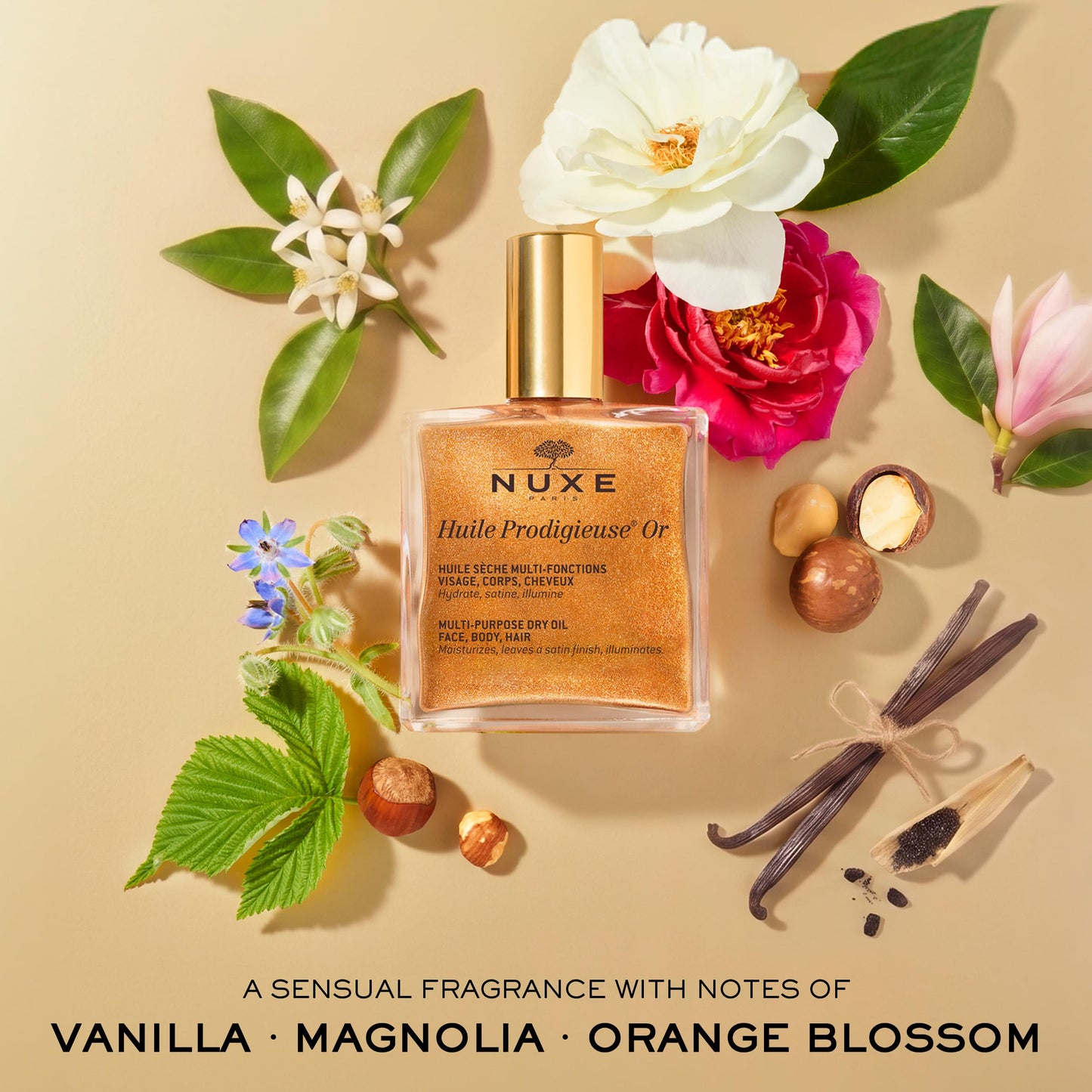 NUXE Huile Prodigieuse Shimmer Multi-Purpose Dry Oil - Luxurious Radiant Glow and Hydration for Face, Body & Hair (100 ml) Nuxe