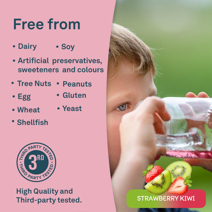 Organika Kids Electrolytes Powder Sticks - Sugar-Free Hydration + Immune support with 100% of daily Vitamin C, Minerals and Prebiotic Fibre | Strawberry Kiwi Flavour - 3.5g x 20 sachets - Available at All In One Marketplace Canada