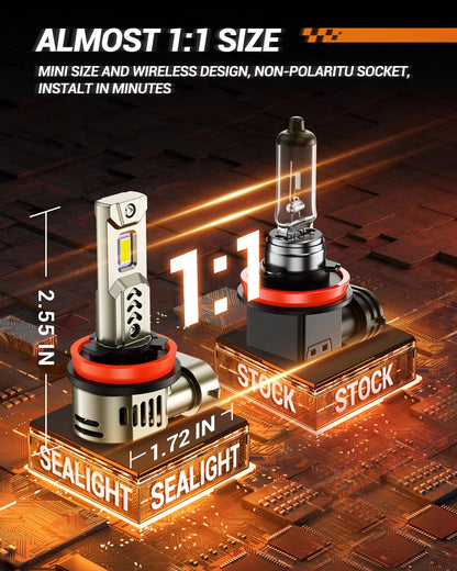 SEALIGHT 2026 Brightest H11/H8/H9/H16 LED Headlight Bulbs, 80000LM 1200% Brighter, 6500K Cool White, 1:1 Halogen Size Wireless, 3 Min Plug and Play Halogen Replacement Conversion Kit, Pack of 2