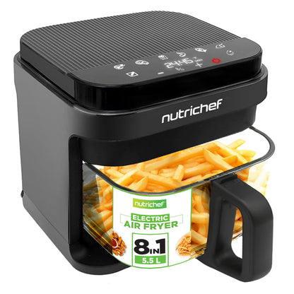 Nutrichef 5.8 Quart Air Fryer | 8-1 Preset Cook Modes | Transparent Fry Bowl for Best Cooking Results | Cook Shrimp, Steak, Fries, Wings, Chicken & More | Precise Temperature Control & Time | Black NutriChef