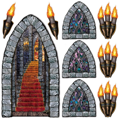 Beistle Medieval Stairway, Window & Torch Props, 9 Images, Haunted Castle Wall Decorations, Spooky Gothic Scene for Halloween Parties & Dungeon Themes, Printed Plastic Cutouts, 18” to 60”