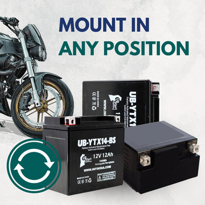 YTX14-BS Battery - Motorcycle Battery, ATV Battery 12V 12AH, UTV, 4 Wheeler, Snowmobile, Powersports Batteries - Compatible with Honda Rancher 350, Buell Blast, Yamaha - Sealed Lead Acid 12 Volt AGM