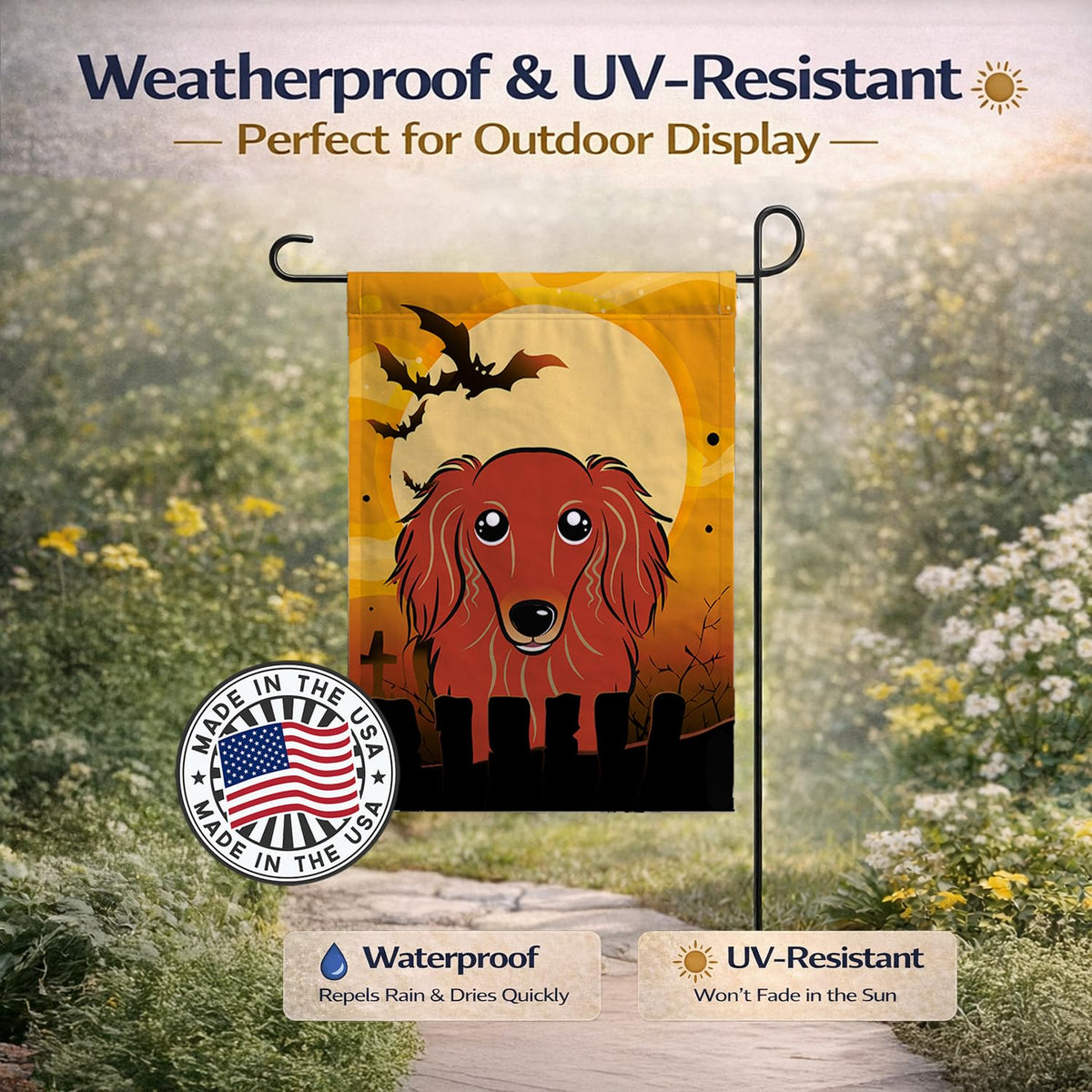 Caroline's Treasures BB1772GF Halloween Longhair Red Dachshund Garden Size Flag, Small, Multicolor