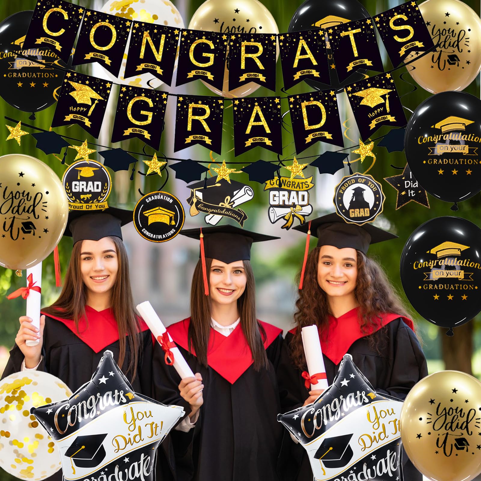 Graduation Decorations Class of 2026, 12Pcs Black and Gold balloons with Swirl and Graduation Garland Congrats Grad 2026 Banner for College High School Party Supplies - Available at All In One Marketplace Canada