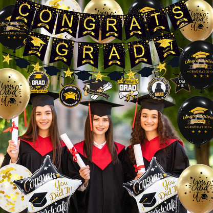 Graduation Decorations Class of 2026, 12Pcs Black and Gold balloons with Swirl and Graduation Garland Congrats Grad 2026 Banner for College High School Party Supplies - Available at All In One Marketplace Canada