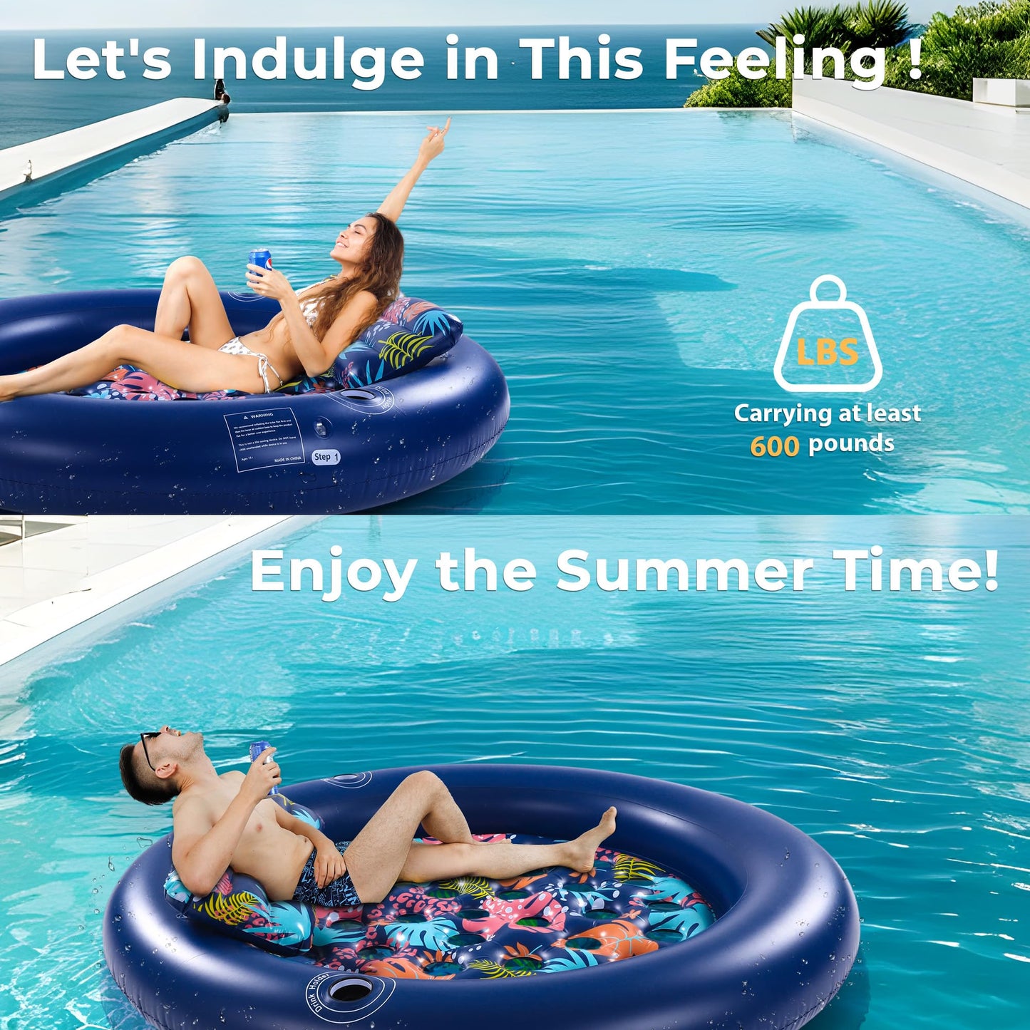 2-Person Pool Floaties for Adults Heavy Duty, Giant 75"X75" Inflatable Pool Matswith Canopy, Cup Holders, Detachable Headrest, Multi-Purpose Water Lounger for Pool Party, Lake, Beach, River, Outdoor
