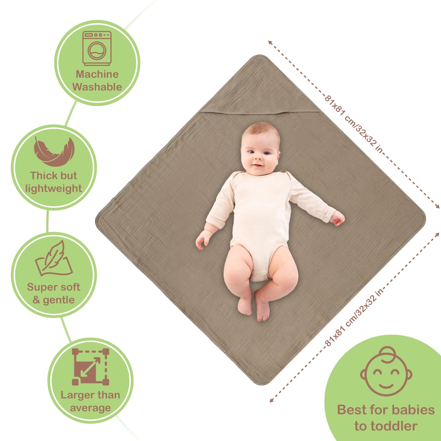 Infancie 100% Organic Cotton Muslin Hooded Baby Towels 2 Pack 81 X 81 CM Shower Towel Soft Breathable Lightweight Quick Dry Gentle On Baby Skin for Newborns and Infants