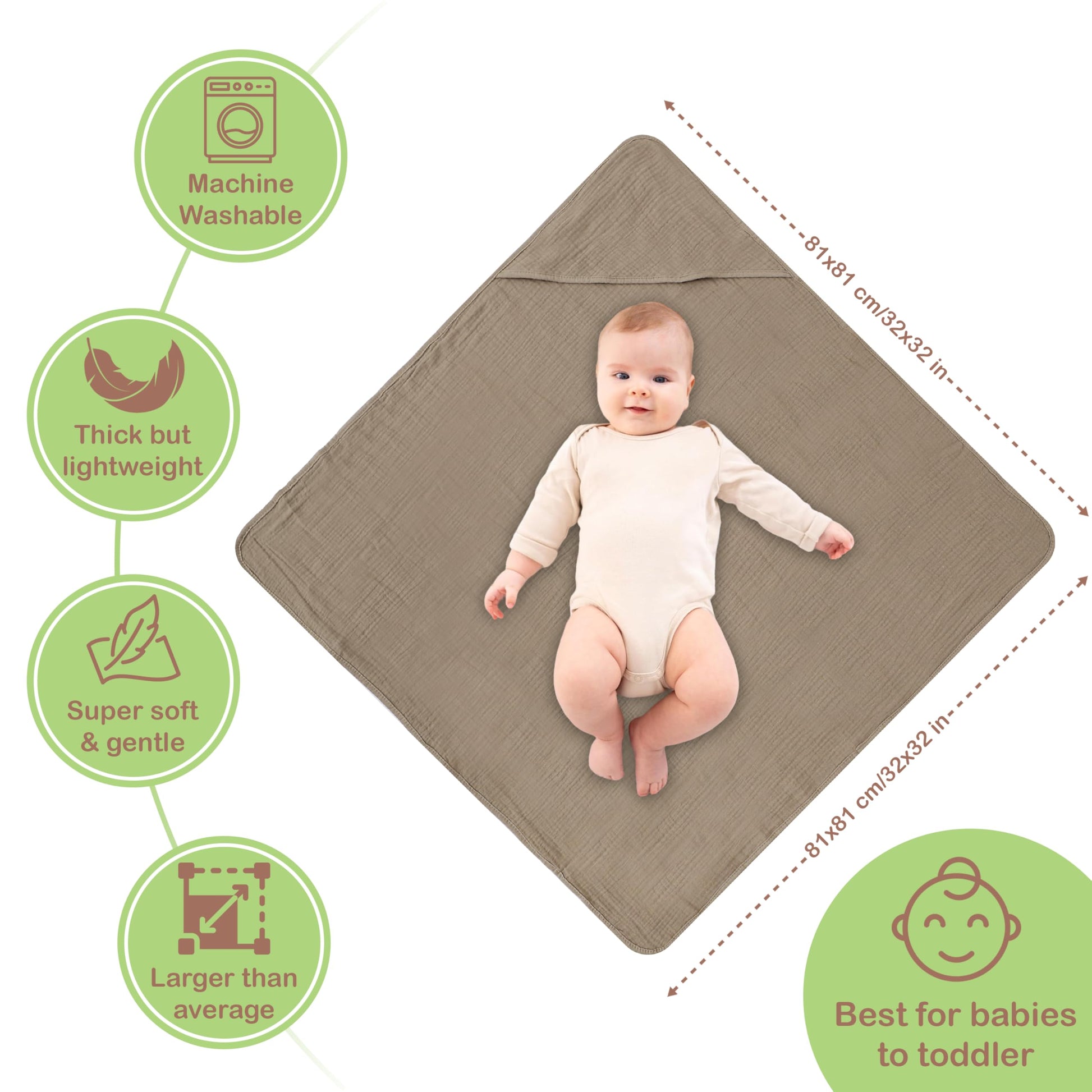 Infancie 100% Organic Cotton Muslin Hooded Baby Towels 2 Pack 81 X 81 CM Shower Towel Soft Breathable Lightweight Quick Dry Gentle On Baby Skin for Newborns and Infants