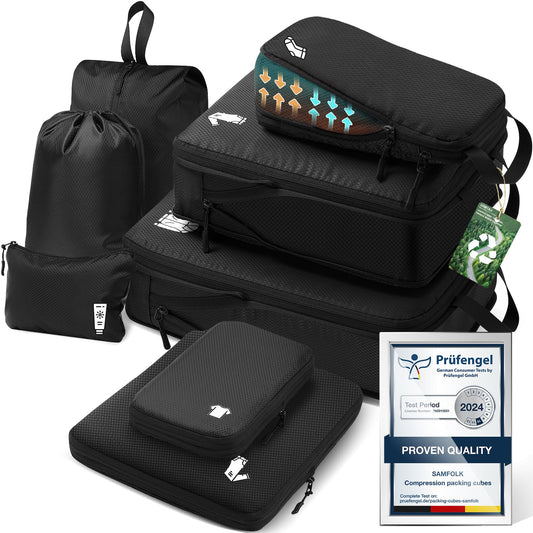 Compression Packing Cubes for Suitcases, Ultralight Packing Cubes for Backpack Waterproof Luggage Packing Organizers Expandable Packing Cubes for Travel Accessories and Essentials 8 Set Black