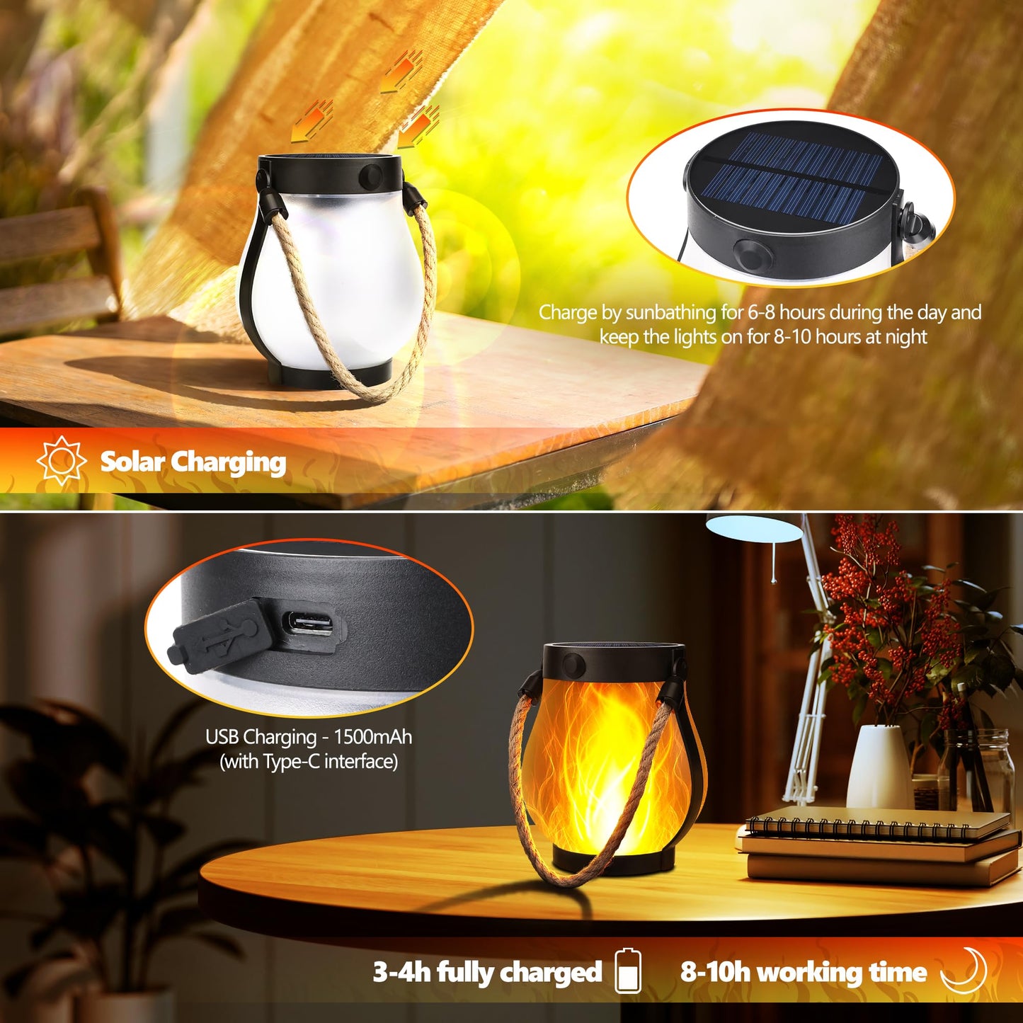 iBaycon 2 Pack Gen2 Solar Lantern Lights USB Ultra-Real Flame, Warm White - Available at All In One Marketplace Canada