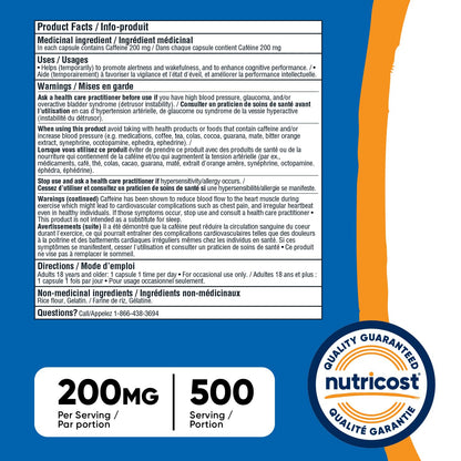Nutricost Caffeine Pills (200mg) 500 Capsules - Available at All In One Marketplace Canada