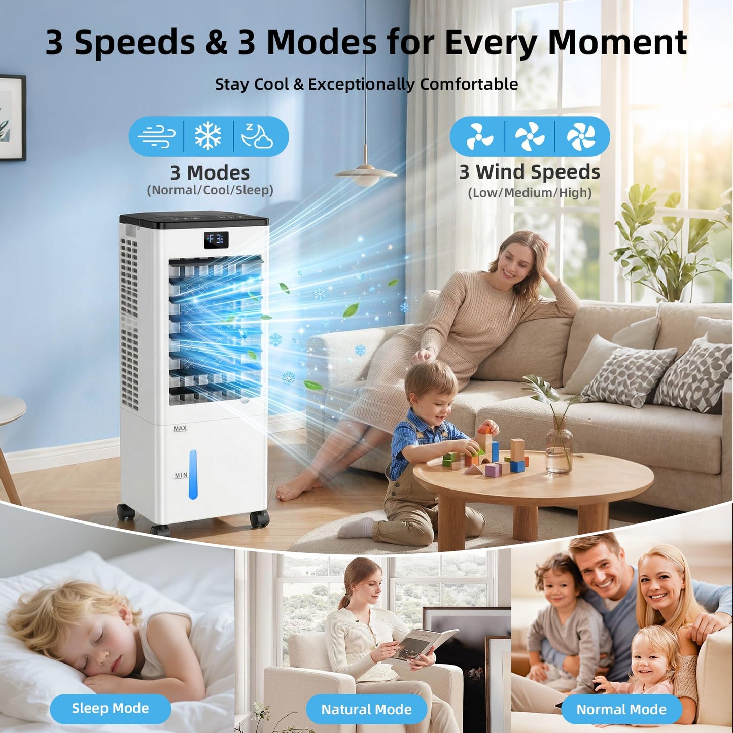 Portable Air Conditioners, Evaporative Air Cooler with Remote & LED Display, 120° Oscillation, 12H Timer, 3 Speeds & 4 Modes, 60W Energy-Efficient, Windowless Swamp Cooler for Bedroom Office Garage - Available at All In One Marketplace Canada