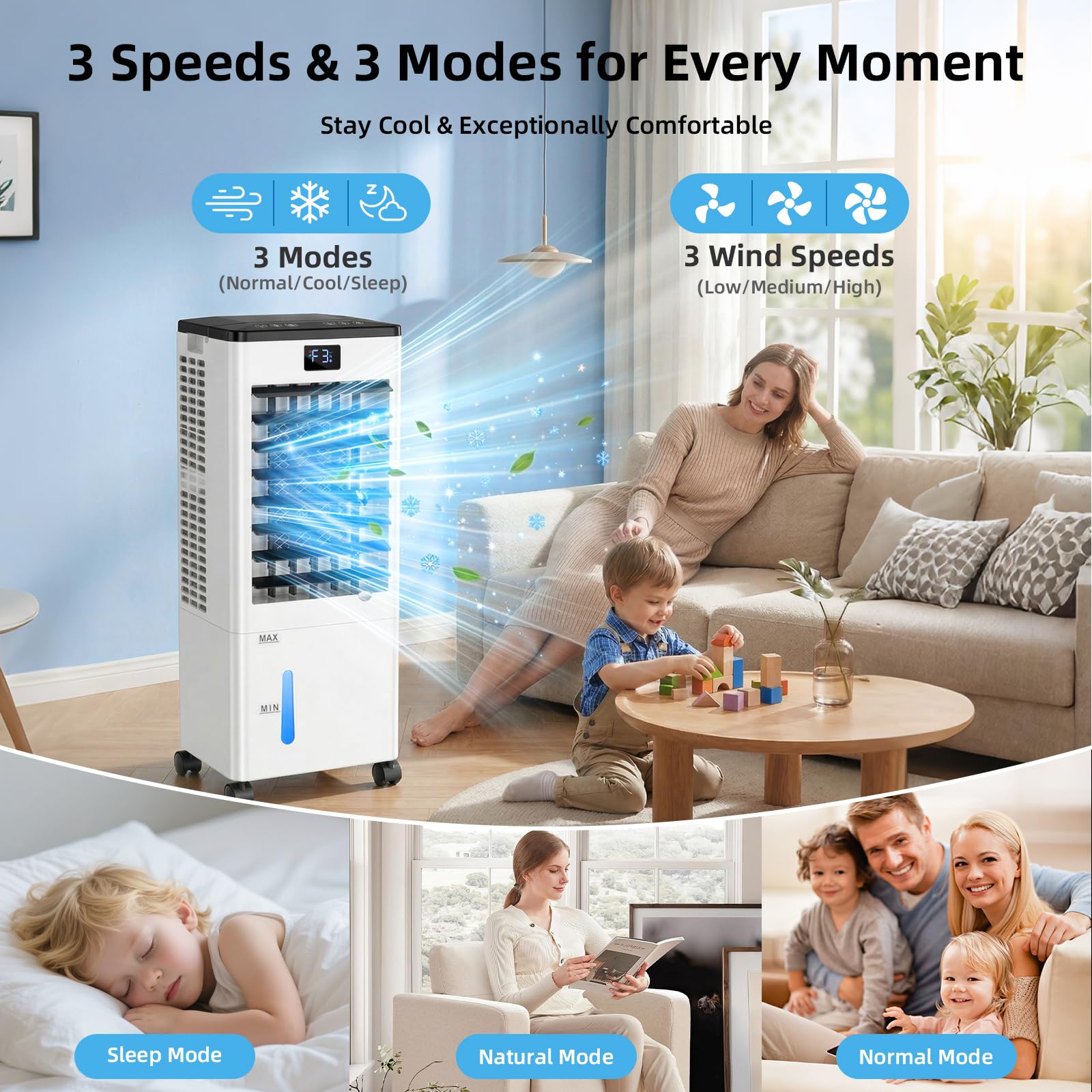 Portable Air Conditioners, Evaporative Air Cooler with Remote & LED Display, 120° Oscillation, 12H Timer, 3 Speeds & 4 Modes, 60W Energy-Efficient, Windowless Swamp Cooler for Bedroom Office Garage - Available at All In One Marketplace Canada