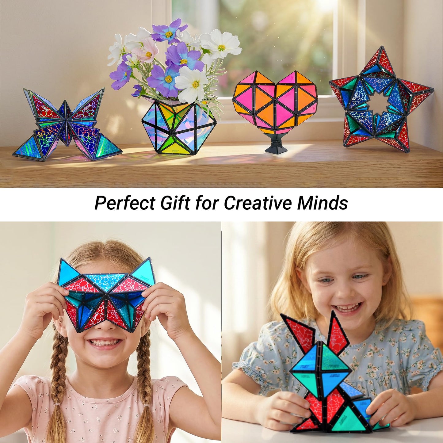 TOSY Magnet Pyramid Glow - 1 Cube Transforms into 1 Billion Shapes, 12 Pieces, 243 Rare Earth Magnets, Glowing, Holographic Design Magnet Tiles Creative Puzzle STEM/STEAM Toy