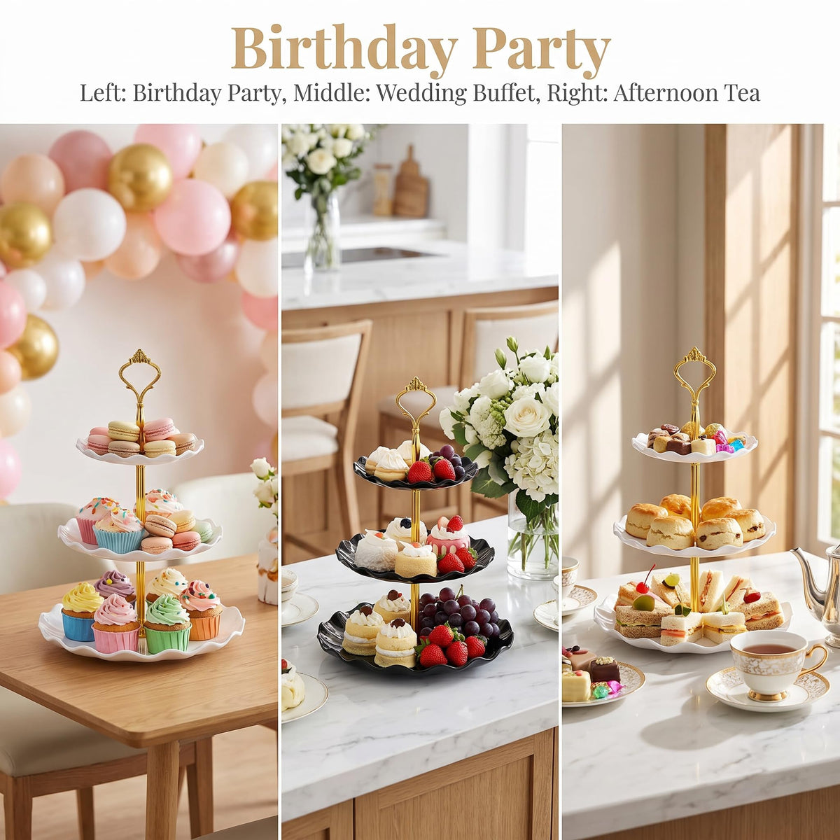 DEAYOU 4 Pack 3-Tier Cupcake Dessert Stand, Plastic Tiered Cake Stand Display Tower, Pastry Serving Tray Platter Rack Holder for Buffet, Cookie, Party, Wedding, Home Decor, White Gold, Black Gold 🍁 All In One Marketplace Canada