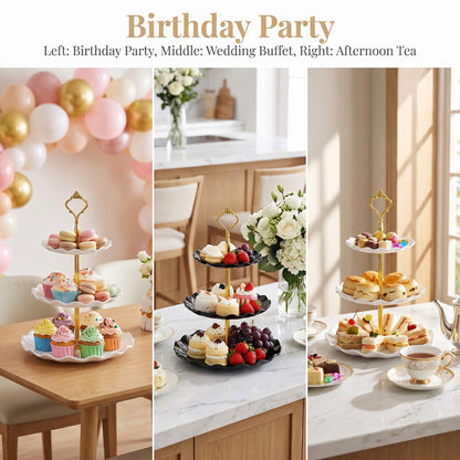 DEAYOU 4 Pack 3-Tier Cupcake Dessert Stand, Plastic Tiered Cake Stand Display Tower, Pastry Serving Tray Platter Rack Holder for Buffet, Cookie, Party, Wedding, Home Decor, White Gold, Black Gold 🍁 All In One Marketplace Canada