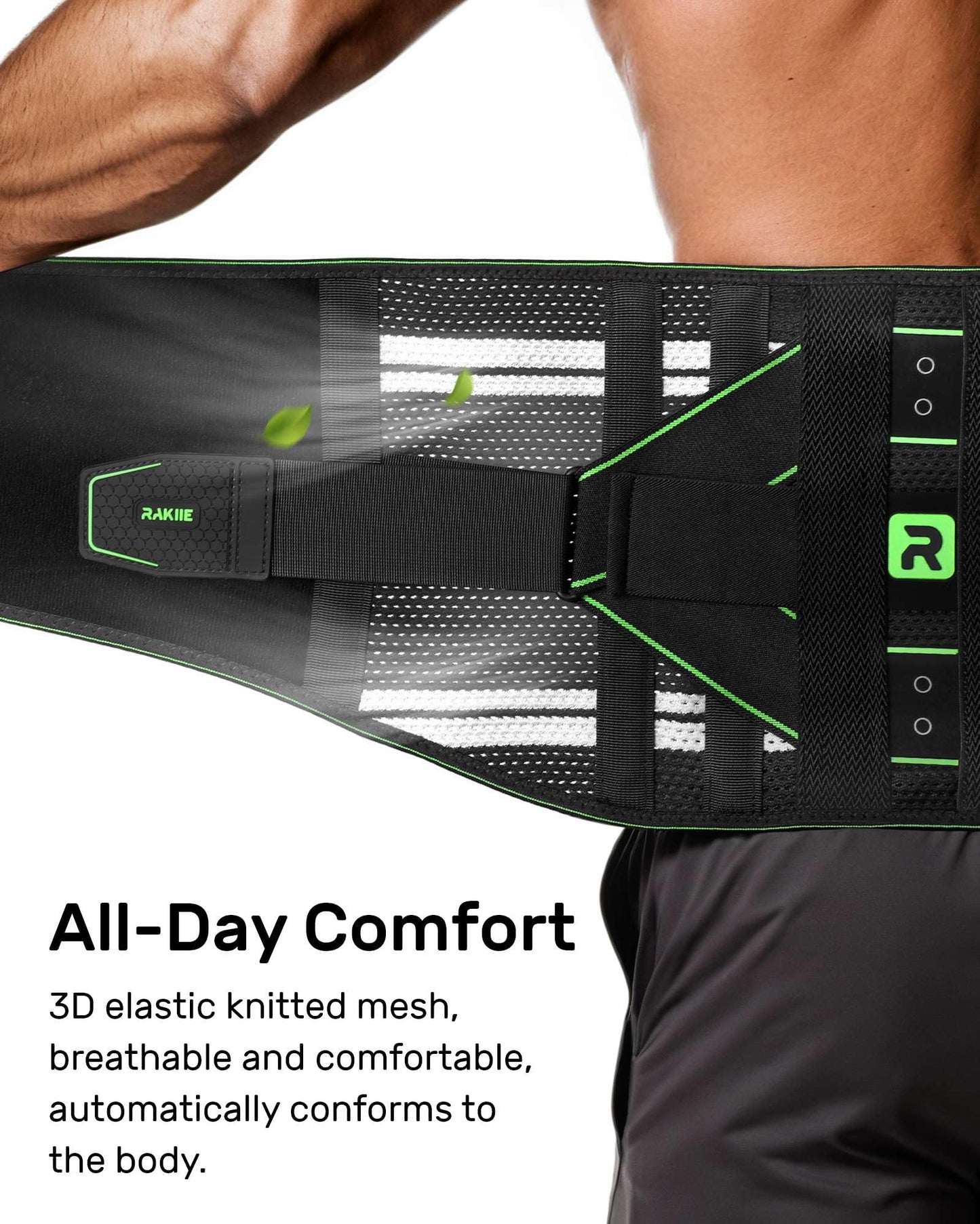 Rakiie Back Brace for Lower Back Pain Relief, 8X Powerful Lumbar Support with 3D Support Pad, Breathable Back Support Belt for Men Women, Green Size L